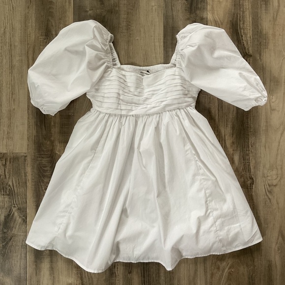 Abercrombie Fitch Ruched Bodice Puff Sleeve Mini Dress White Petite S - Picture 2 of 5